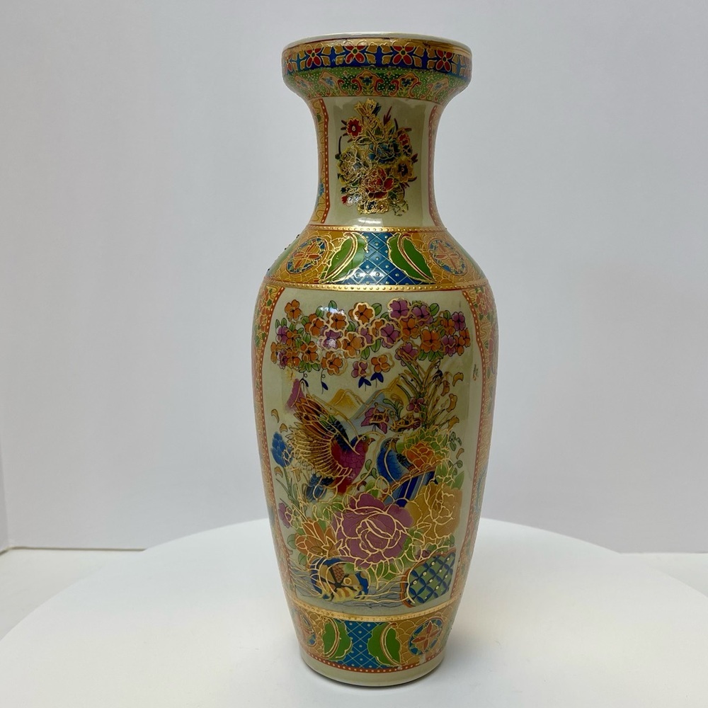 Chinese Earthenware Vase 12" Floral Birds Gold Gilding Hand-Painted Chinoiserie